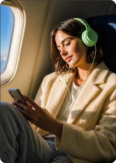 A traveler checking her phone while listening to music